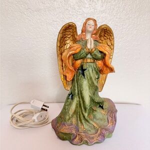 Whimsical Vintage 10” Angel Figurine Lamp with Stars / Gold Wings